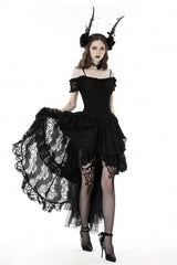 Black Boat Neck Off Shoulder Short Puff Sleeves Ruffled Lace Lace-Up Irregular Women's Gothic Dovetail Dress - Product - 9