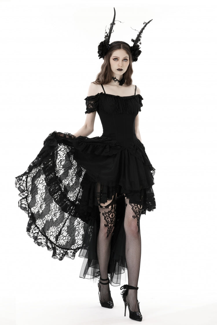 Black Boat Neck Off Shoulder Short Puff Sleeves Ruffled Lace Lace-Up Irregular Women's Gothic Dovetail Dress - Product - 9