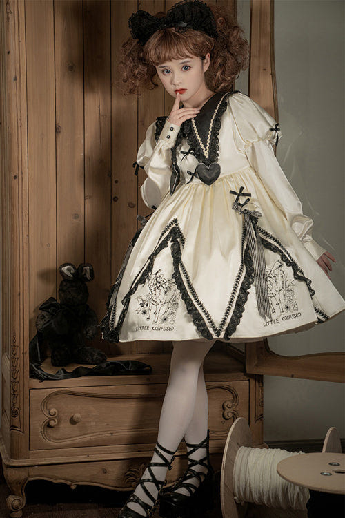 Beige Doll Lapel Collar Long Sleeves Little Confused Print High Waisted Sweet Lolita OP Dress - Product - 3