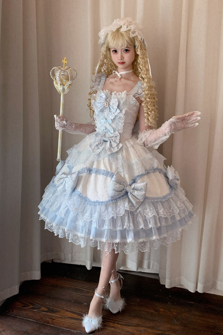 White/Blue [Flower Dream Isle] Square Collar Multi-Layered Ruffled Bow Lace Sweet Lolita Jsk Dress - Product - 5