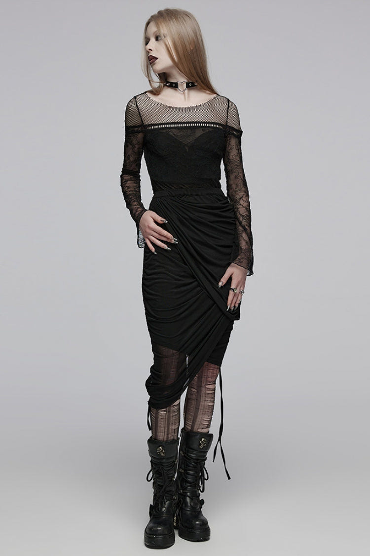 Black Round Collar Long Sleeves Print Stitching Lace Slim Women's Gothic T-Shirt - Product - 4
