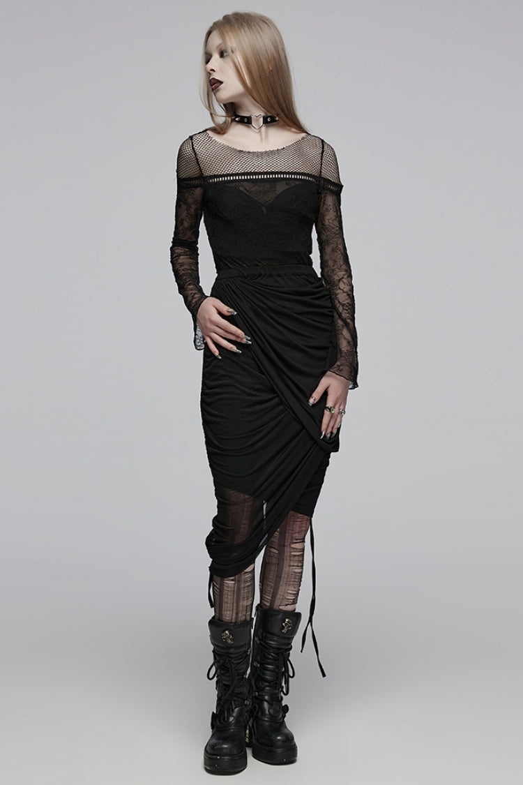 Black Round Collar Long Sleeves Print Stitching Lace Slim Women's Gothic T-Shirt - Product - 4