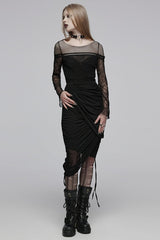 Black Round Collar Long Sleeves Print Stitching Lace Slim Women's Gothic T-Shirt - Product - 4