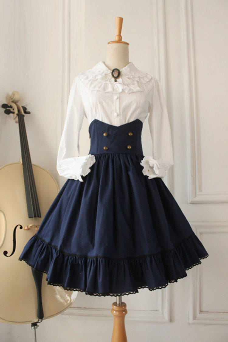 Dark Blue Vintage College Style High Waisted Fishbone Gothic Lolita Skirt - Blue - 1