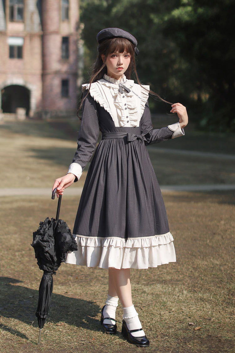 Dark Blue [Berlin Evening News] Long Sleeves Striped Print Ruffle Bowknot British College Style Elegant Sweet Lolita Dress - Product - 10
