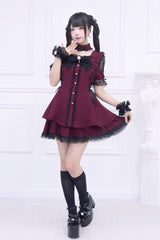 Red [Waltz] Short Sleeves Ruffle Bowknot Gothic Jirai Kei Japanese Dress Set - Product - 2