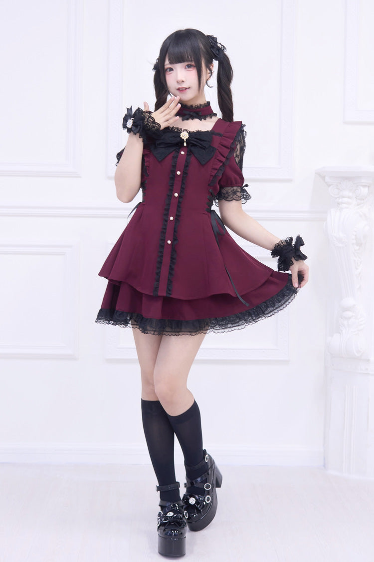 Red [Waltz] Short Sleeves Ruffle Bowknot Gothic Jirai Kei Japanese Dress Set - Product - 2