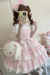 Pink [Maiden Heart] Triple-Layered Ruffle Bowknot Lace Sweet Lolita Jsk Dress - Product - 4