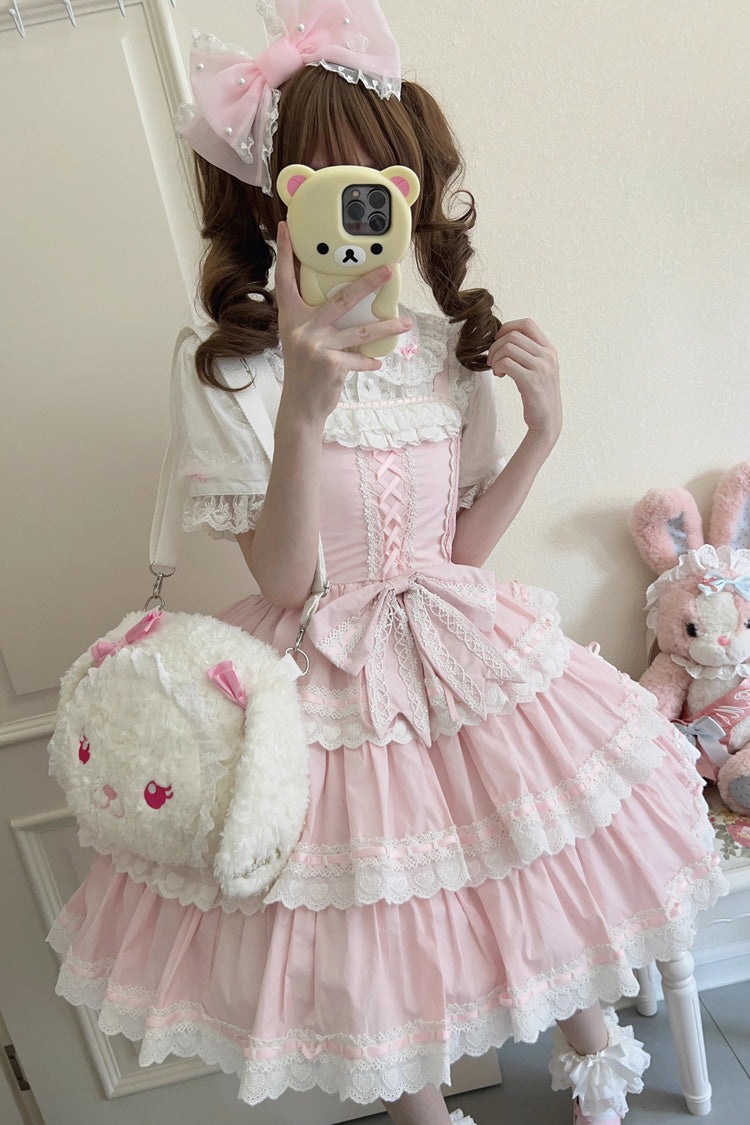 Pink [Maiden Heart] Triple-Layered Ruffle Bowknot Lace Sweet Lolita Jsk Dress - Product - 4
