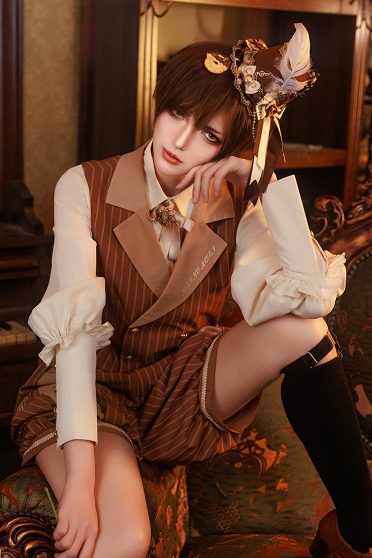 Brown Stripe Violin Print Ouji Lolita Set - Product - 3