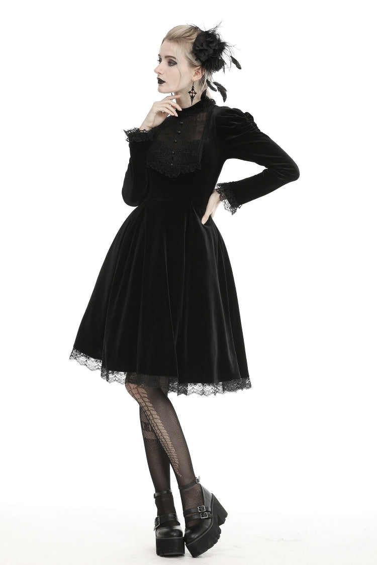 Black Lace Long Puff Sleeves Women's Gothic Velet Dress - Product - 12