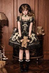 Black/Gold [Sugar Bear] Jacquard Ruffled Bow Lace Sweet Classic Lolita Dress 2 Versions - Product - 6