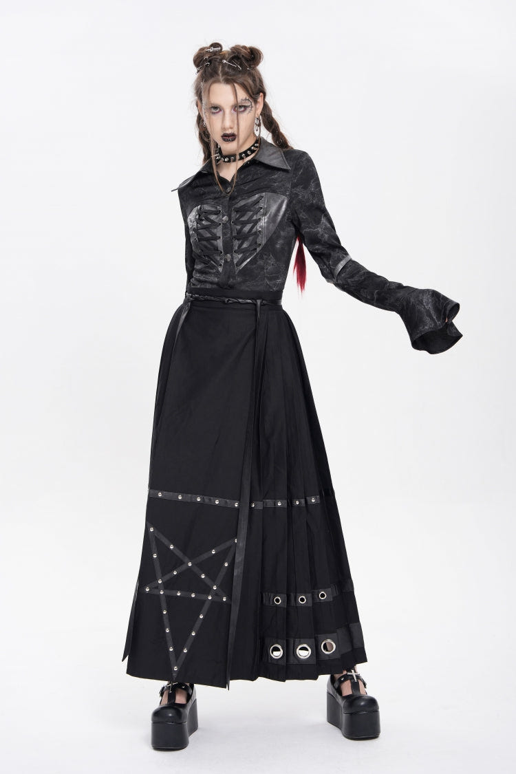 Black Eyelets Rivets Pentacle Horse-face Women's Punk Skirt - Product - 5