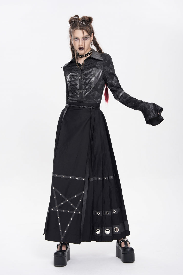 Black Eyelets Rivets Pentacle Horse-face Women's Punk Skirt - Product - 5