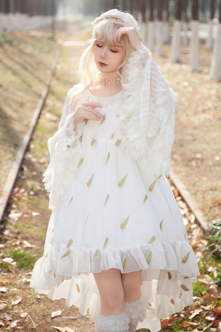 [Feather Snowflake Embroidery] Print Sleeveless Ruffle Bowknot Sweet Lolita Jsk Dress 3 Colors - Product - 5