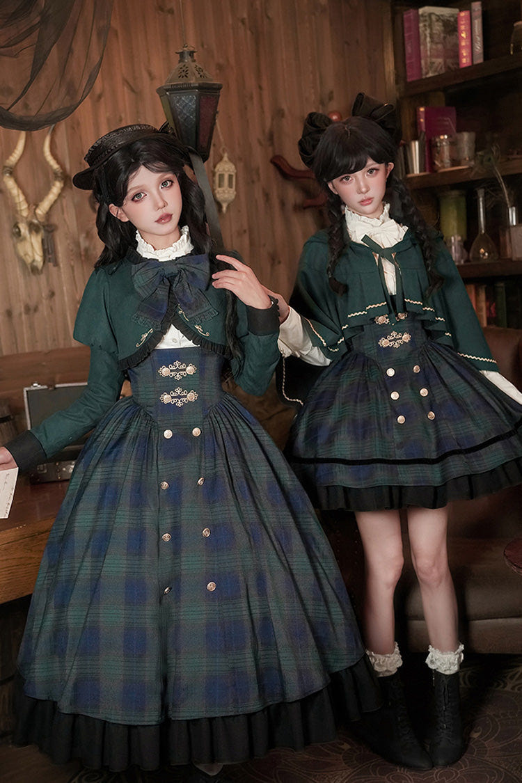 ブルー／グリーン [Berlin's letter] 二層 チェック プリント フリル リボン クラシカル カレッジスタイル ロリータ ストラップ ワンピースセット 2 タイプ 商品画像
