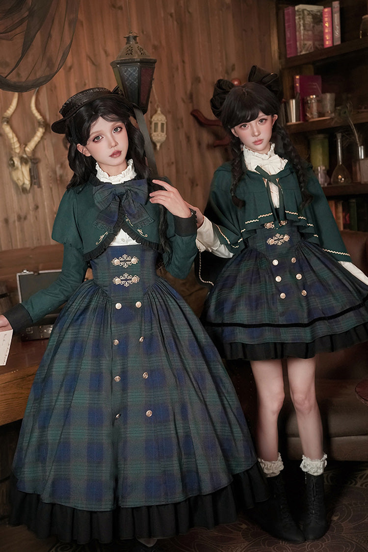 Blue/Green [Berlin's letter] Double-Layered Plaid Print Ruffle Bowknot Classic College Style Lolita Strap Dress Set 2 Versions - Product - 21