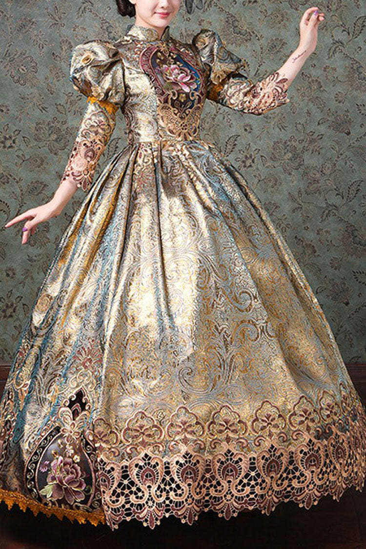 Champagne Half Sleeves High Waisted Hollow Floral Embroidery Victorian Lolita Prom Dress - Champagne - 1
