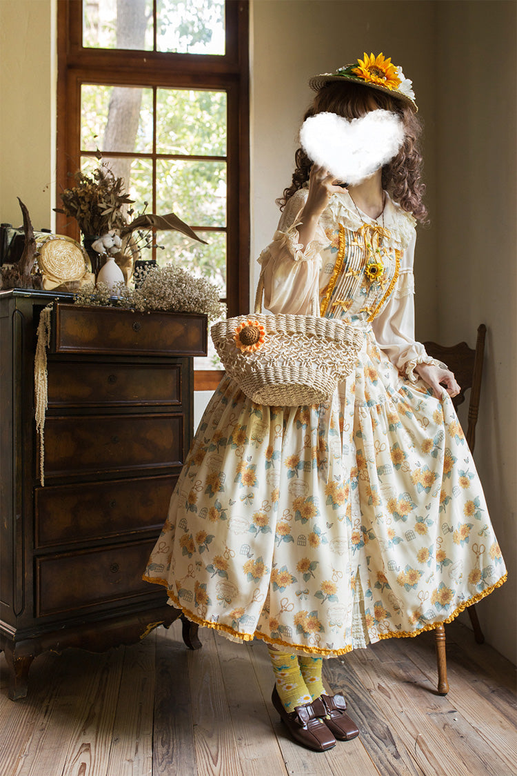 Apricot [Gardening Sunflower] Sleeveless Print Ruffle Bowknot Sweet Elegant Lolita Jsk Dress - Product - 4