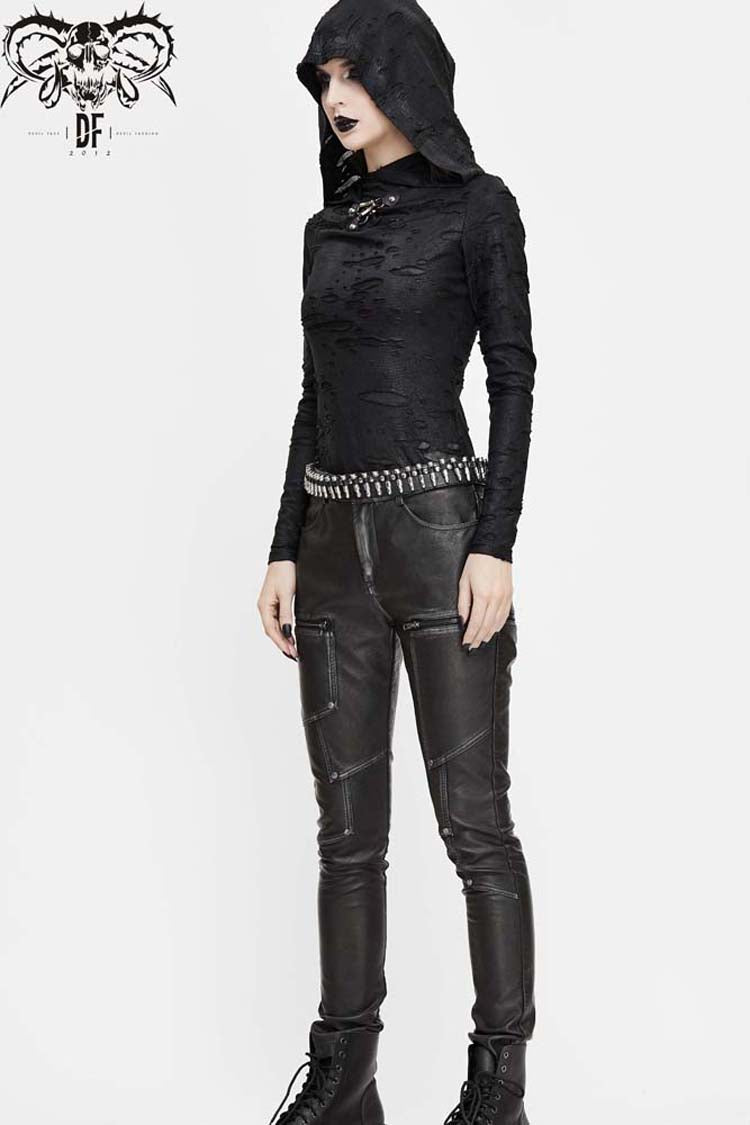 Black Hooded Snakeskin Ripped Pattern Triangle Metal Nail Asymmetrical Women's Punk Shirt - Product - 9