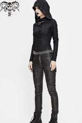 Black Hooded Snakeskin Ripped Pattern Triangle Metal Nail Asymmetrical Women's Punk Shirt - Product - 9