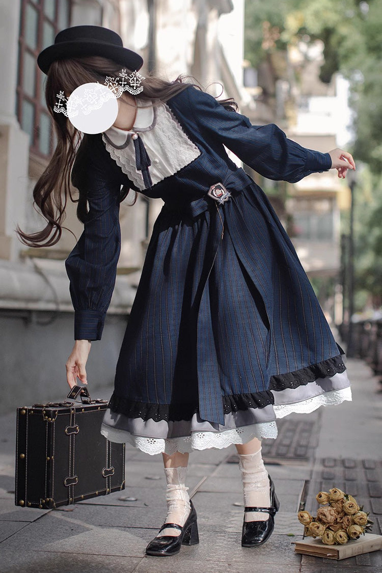 Dark Blue [Phyllis] Plaid Print Ruffle Bowknot Lace Vintage Elegant Lolita Dress - Product - 11