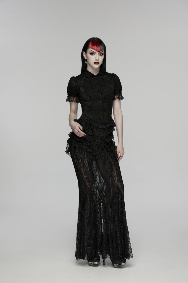 Black Embroidered Spliced Ruffled Lace Slim Mesh Women's Gothic  Mermaid Skirt - Product - 8