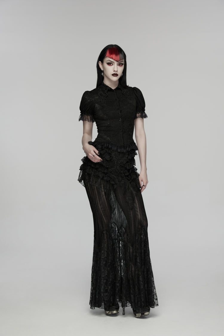 Black Embroidered Spliced Ruffled Lace Slim Mesh Women's Gothic  Mermaid Skirt - Product - 8