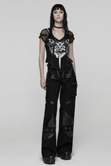Black Short Sleeves Printed Spliced Mesh Strappy Eyelet Women's Punk T-Shirt - Product - 4