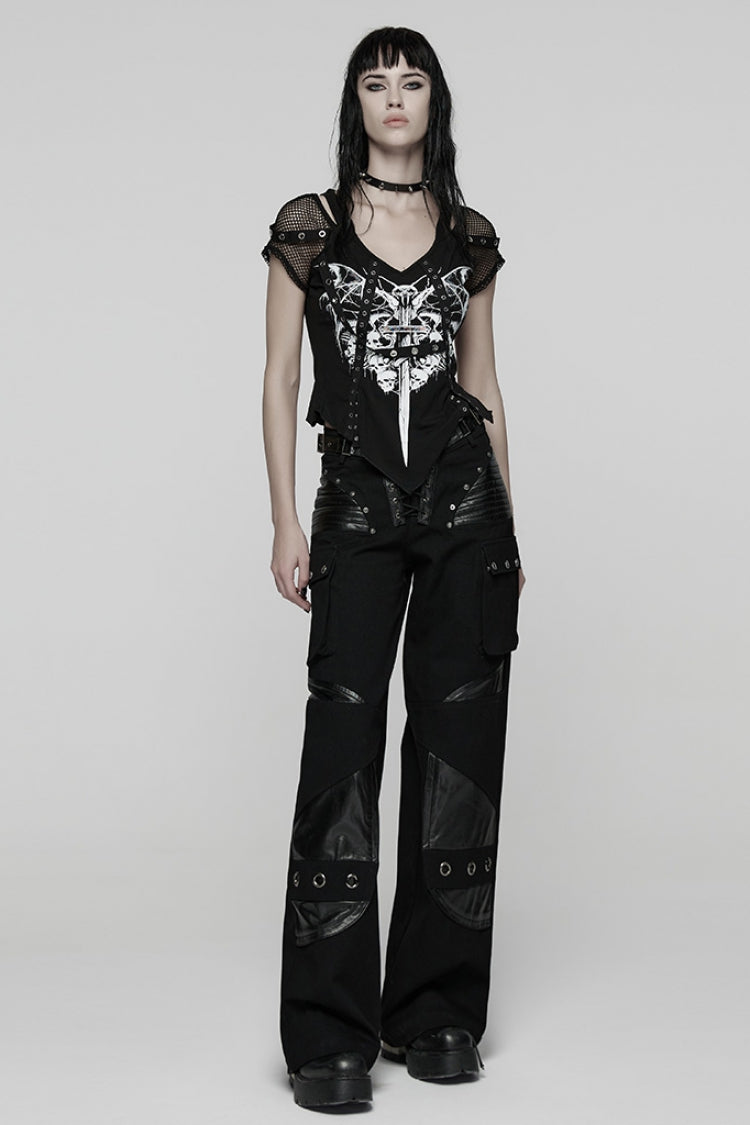 Black Short Sleeves Printed Spliced Mesh Strappy Eyelet Women's Punk T-Shirt - Product - 4