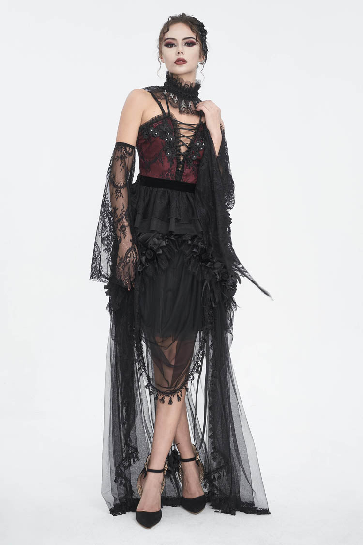 Red Embroidery Stitching Lace Lace-Up Women's Gothic Blouse - Product - 2