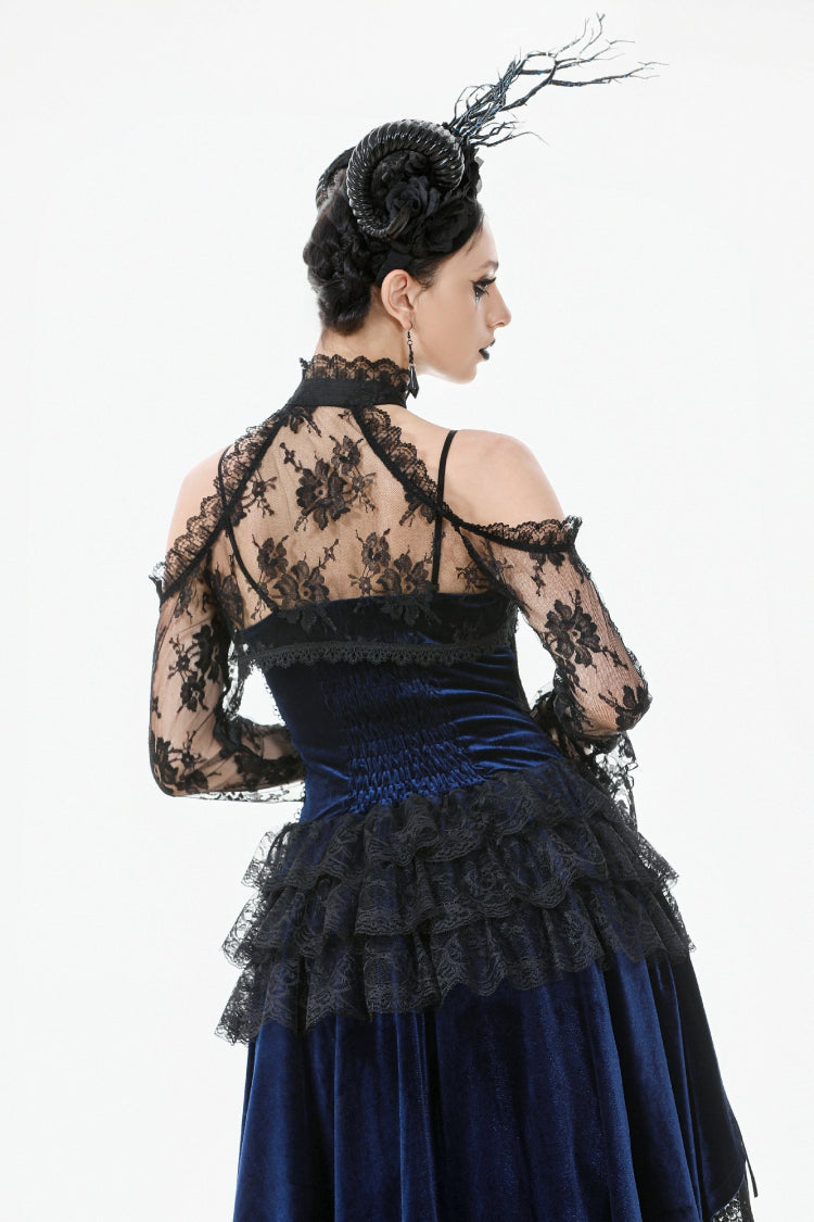Black Off Shoulder Long Sleeves Sheer Floral Lace Women's Gothic Shrug - Product - 4