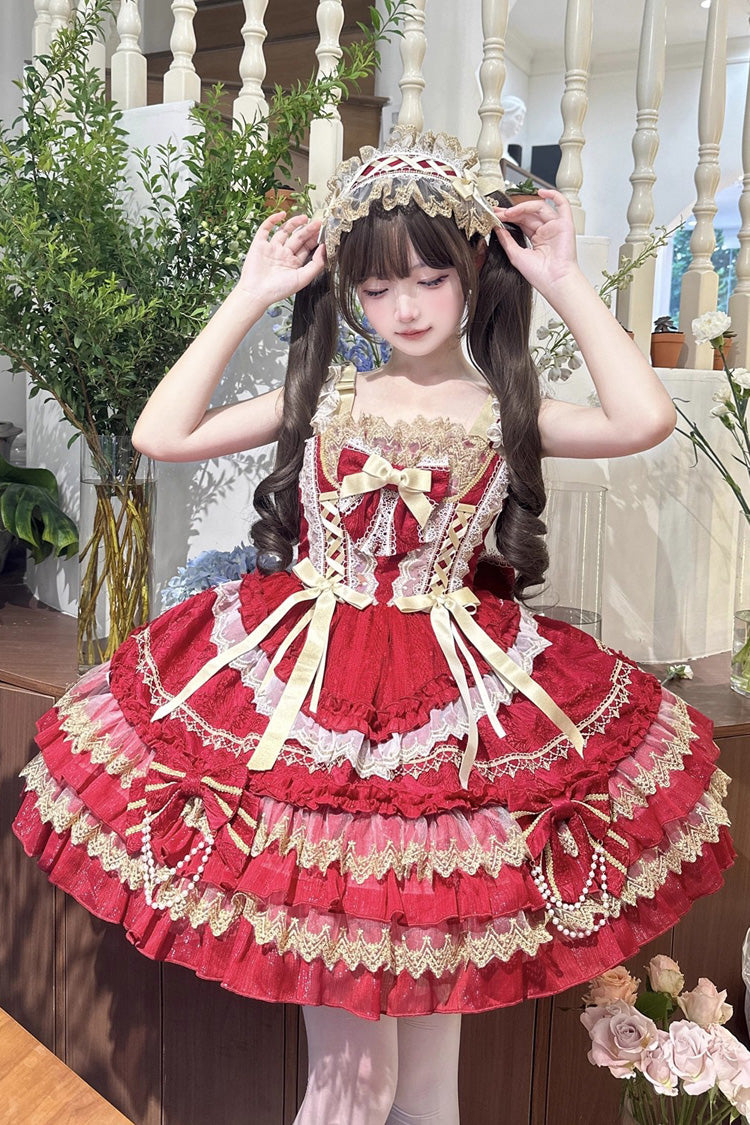 Red [Gilded Memories] Sleeveless Double-Layered Ruffle Hot Stamping Bowknot Lace Sweet Lolita Jsk Dress - Product - 7