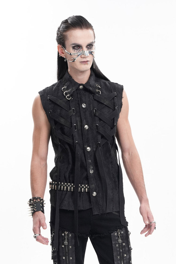 Black Lapel Collar Sleeveless Lace-Up Ripped Ring Men's Gothic Vest - Product - 4