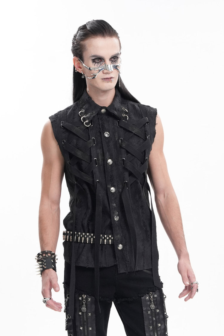 Black Lapel Collar Sleeveless Lace-Up Ripped Ring Men's Gothic Vest - Product - 4