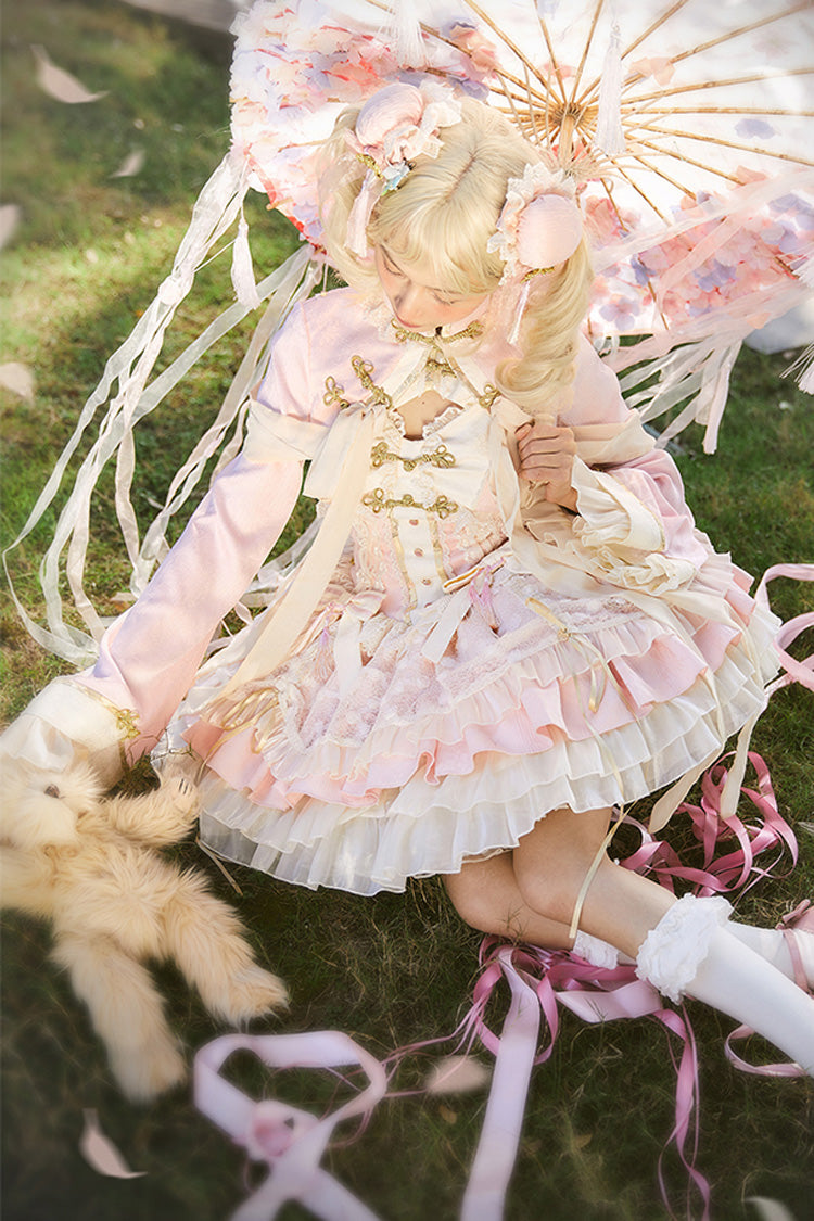 Pink White Pear Dream Multi-layer Ruffle Lace Sweet Chinese Style Princess Lolita Jsk Dress - Product - 6