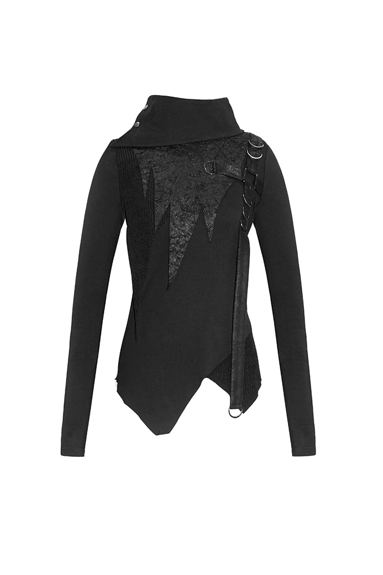 Black Worn Out Cross Shaped Hasp Long Sleeve High Collar Asymmetric Hem Women's Punk T-Shirt - Product - 7