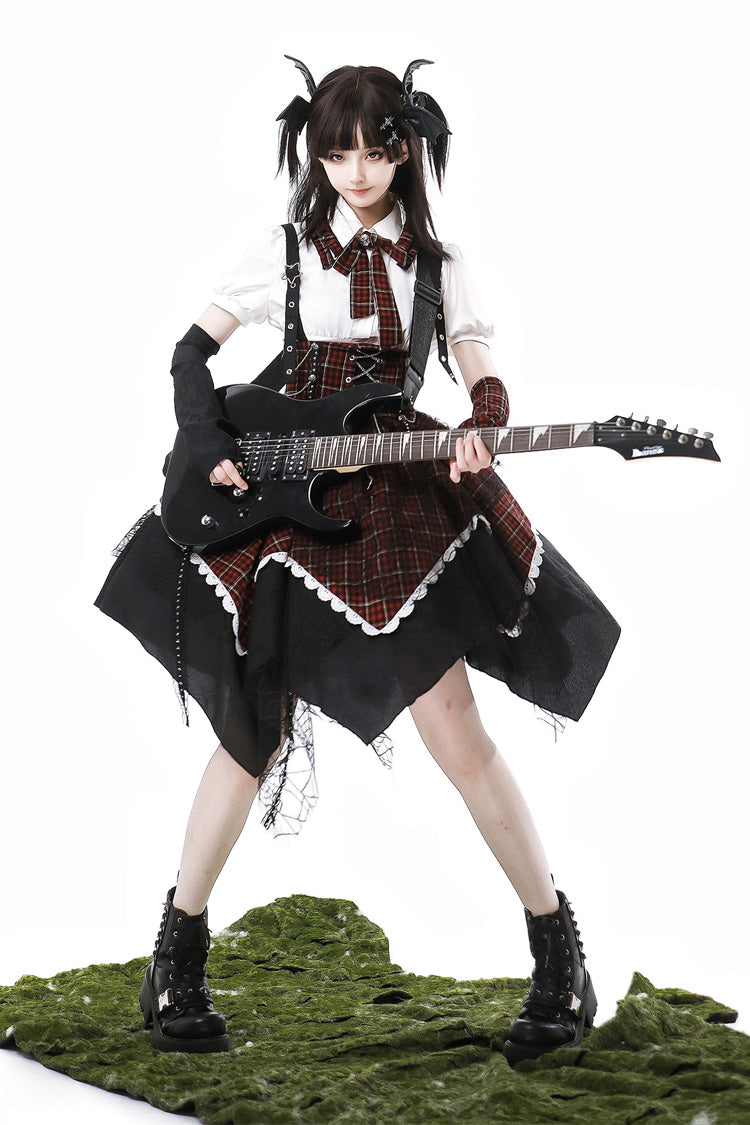 Black/Red [Soul Mantra] Plaid Print Irregular Sweet Lolita Strap Dress - Product - 5