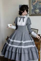 Grey [Letters and Poems · Old Memories] Stand Collar Long Sleeves Double-Layered Ruffled Bow Classic Elegant Lolita Dress 2 Versions - Product - 15