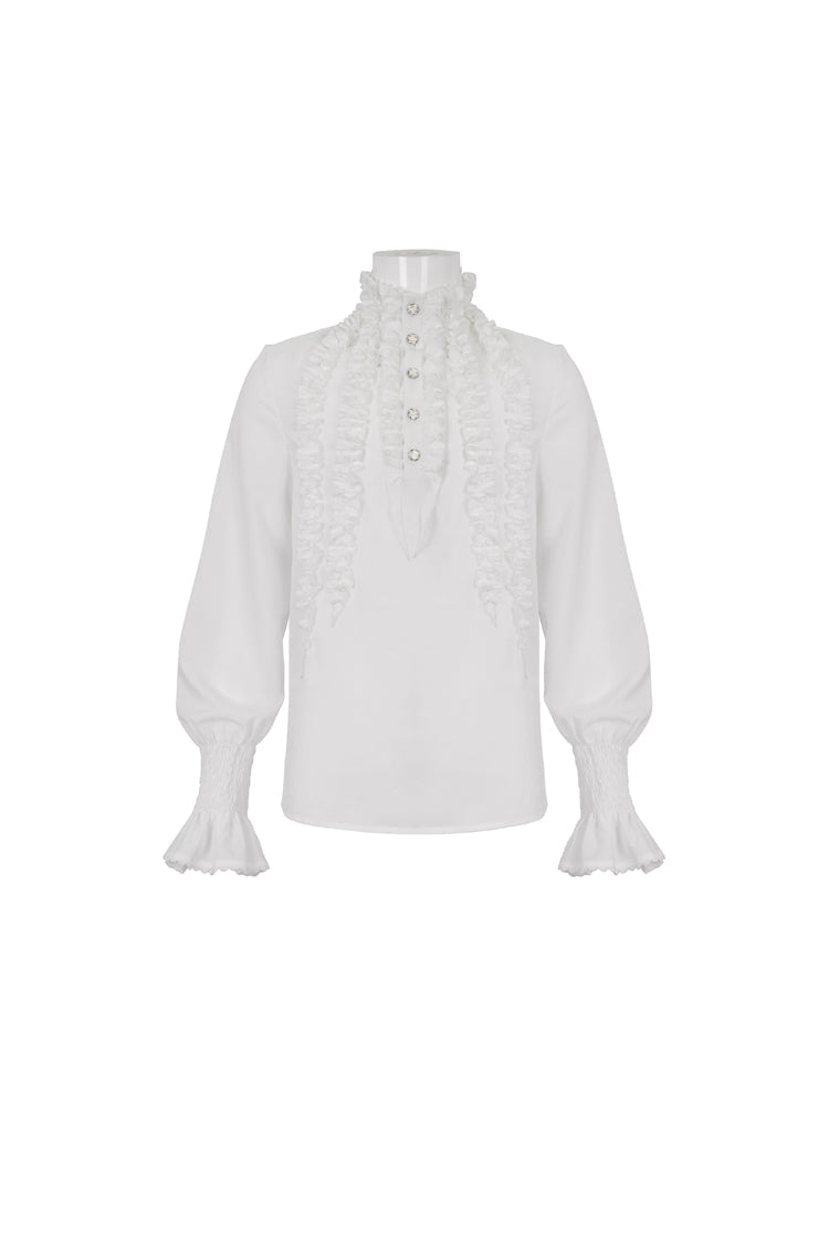 White Irregular Stand Collar Puff Sleeved Ruffled Men's Gothic Shirt - Product - 6