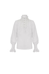 White Irregular Stand Collar Puff Sleeved Ruffled Men's Gothic Shirt - Product - 6