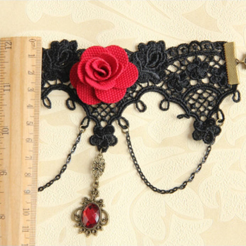 Black Retro Fashion Female Gothic Lolita Lace Red Rose Ruby Bracelet - Product - 3