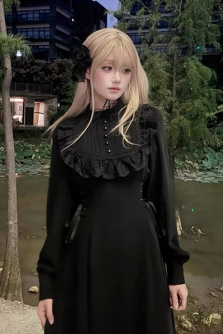 Black Stand Collar Long Sleeves Ruffled Lace-Up Gothic Lolita Dress - Product - 4