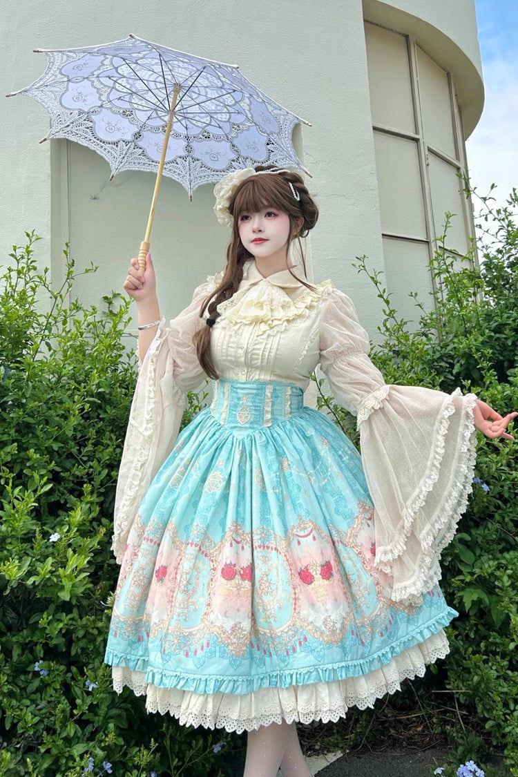 Blue [Moonlit Garden Secret] Print Ruffle Embroidery Lace Sweet Elegant Palace Lolita Skirt - Product - 10