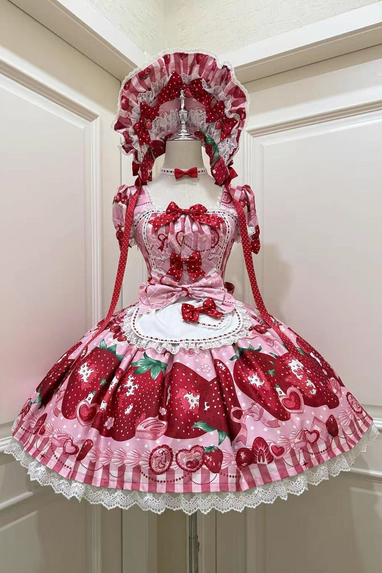[Dream to Strawberry] Print Short Sleeves Ruffle Bowknot Lace Sweet Lolita OP Dress 4 Colors - Pink - 1