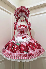 Dream to Strawberry Print Short Sleeves Ruffle Bowknot Lace Sweet (Dress Only) front view