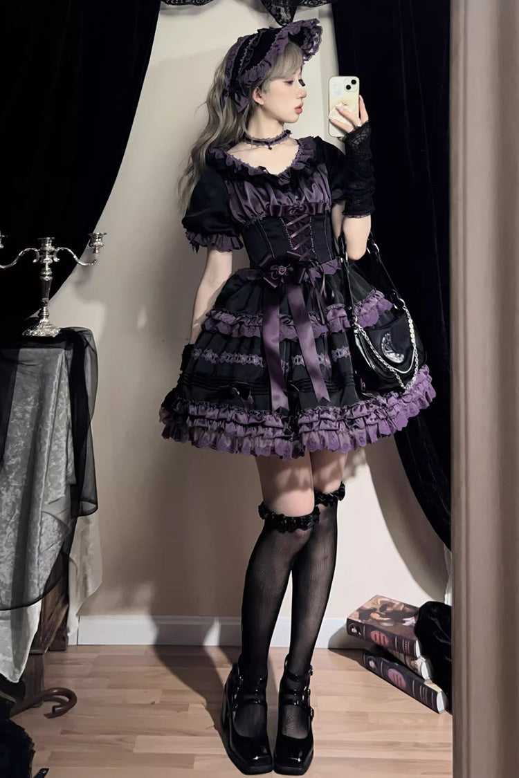 Black/Purple [Layered Blackcurrant] Short Sleeves Ruffle Bowknot Lace Sweet Lolita Dress - Product - 8