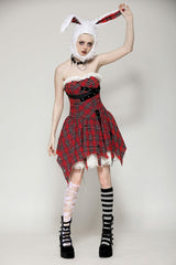 Red Buckled Frayed Asymmetric Hem Women's Punk Grunge Plaid Mini Slip Dress - Product - 7