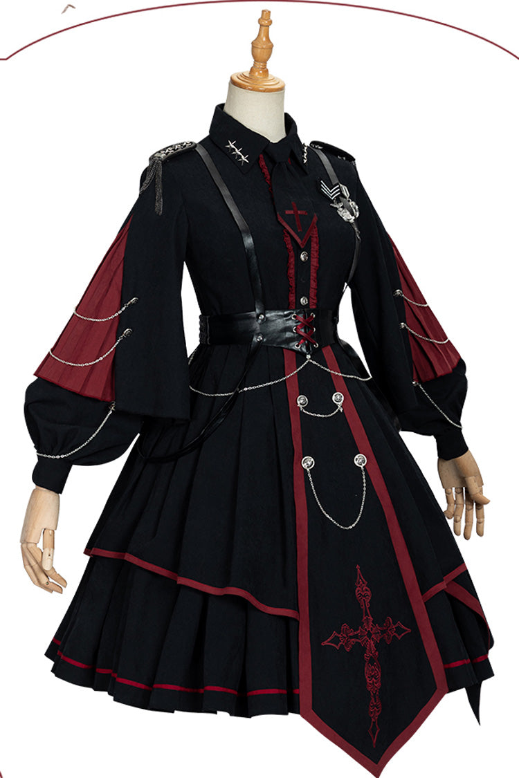 Black/Red Long Sleeves Punisher Military Irregular Gothic Lolita Dress Full Set - Product - 6