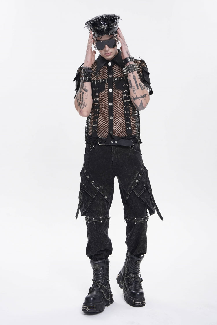 Black Lapel Collar Short Sleeves Cut-Out Spliced Sheer Mesh Studded Eyelet Men's Punk Small Pockets Cool Shirt - Product - 12